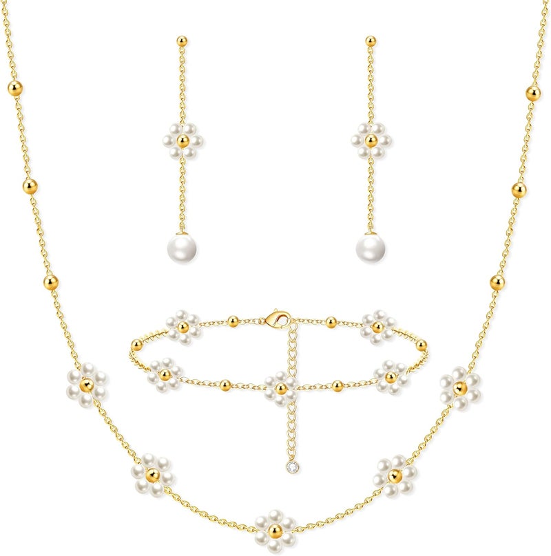 Zeffy Gold Pearl Necklace for Women, Dainty 14K Gold/Silve Plated Layered Pearl Choker Pearl Earrings Pearl Bracelets Wedding Trendy Gold Jewelry Set for Women Gifts - Image 1